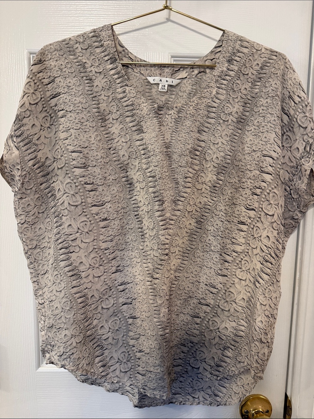 CAbi Taupe Lace-Texture V-Neck Blouse